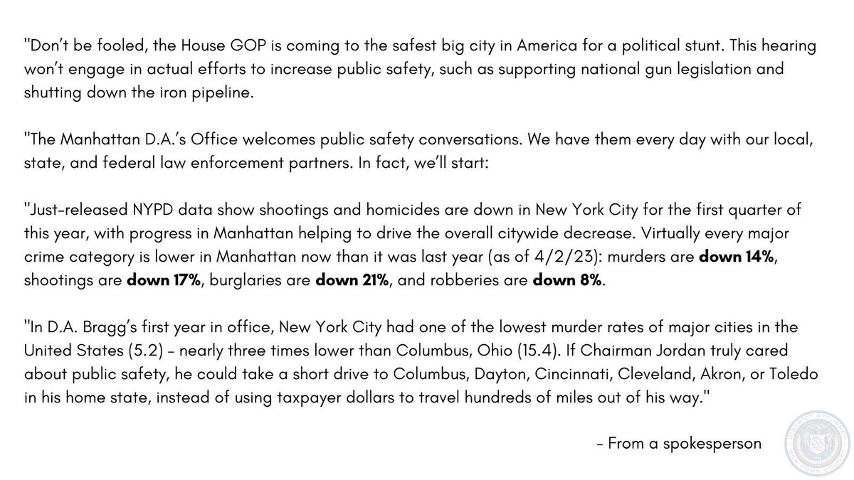 HouseInSession's tweet photo. Manhattan DA Bragg's office responds to House GOP "field hearing" plans: https://t.co/TW1CLFm44T