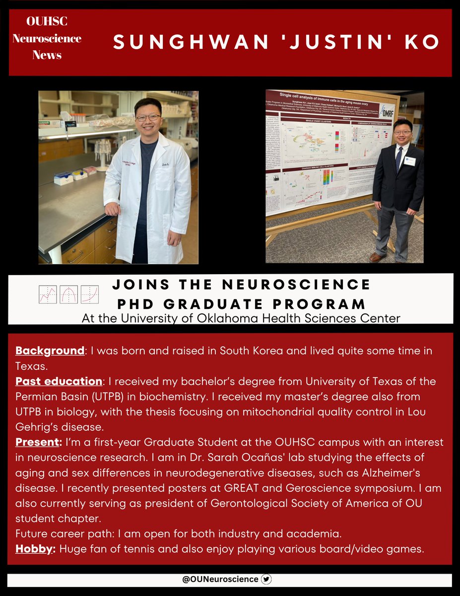 We are thrilled to announce that Sunghwan 'Justin' Ko has joined the Neuroscience PhD Graduate Program at the University of Oklahoma Health Sciences Center! @ouneuroscience @SunghwanJKo #neuroscience  #research #agingbody #gradschool #scientist  #phdlife #neurotwitter #Alzheimers