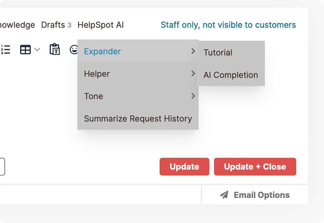 A screenshot that shows the UI of the forthcoming HelpSpot AI feature.
