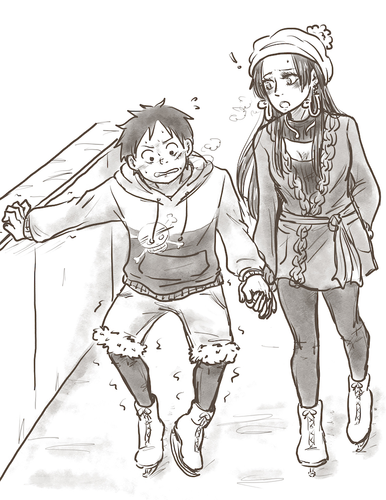Took a hot minute, but I finally got around to drawing this😂 I'm thinking Luffy is just as bad on ice skates as he is on roller skates in that one filler🛼