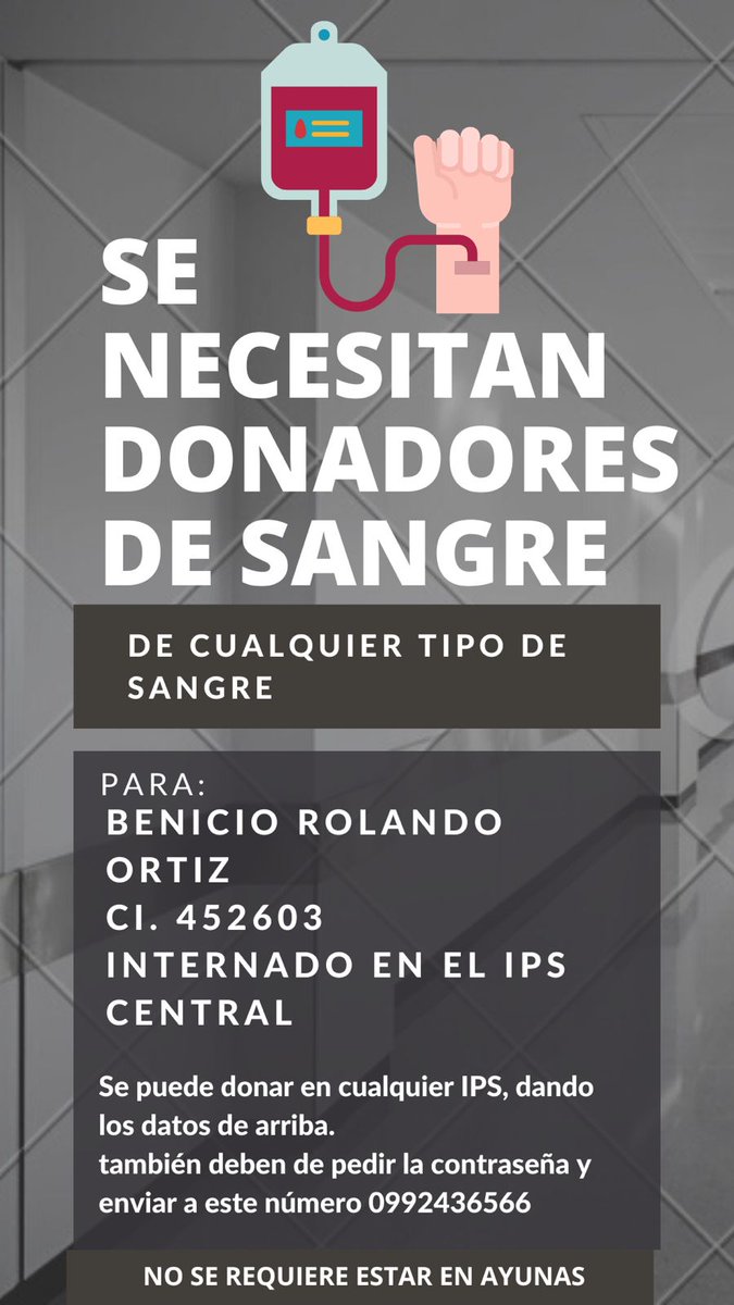 Buenas tardes, apelo a la solidaridad de ustedes, es para un tío que se encuentra internado en IPS Central. Les agradezco de antemano. 🙌🏻