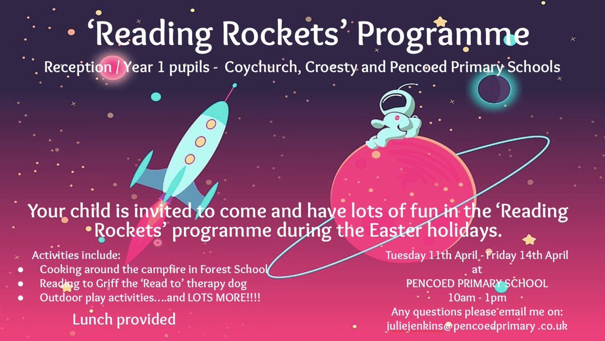 We have lots of excited children waiting to join us tomorrow for the start of the ‘Reading Rockets’ Pencoed cluster programme (aimed at building resilience and developing reading skills). #extendedandenrichedlearning @coychurchps @CroestyS @WG_Education @CSCJES @janetifimust