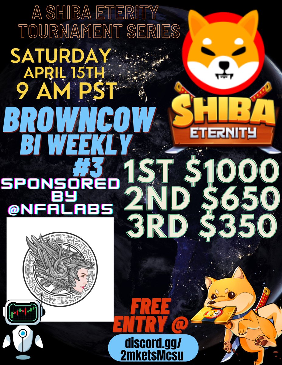 🚨Attention #ShibaEternity players🚨
💰$2000💰 Tournament 
this Saturday 9am PST

Free entry @ discord.gg/2mketsMcsu

prize pool provided by <a href="/nfalabs/">The Lab</a>
Do check them out and send thanks

#SHIBARMY 

Looking forward to it!
See you there.