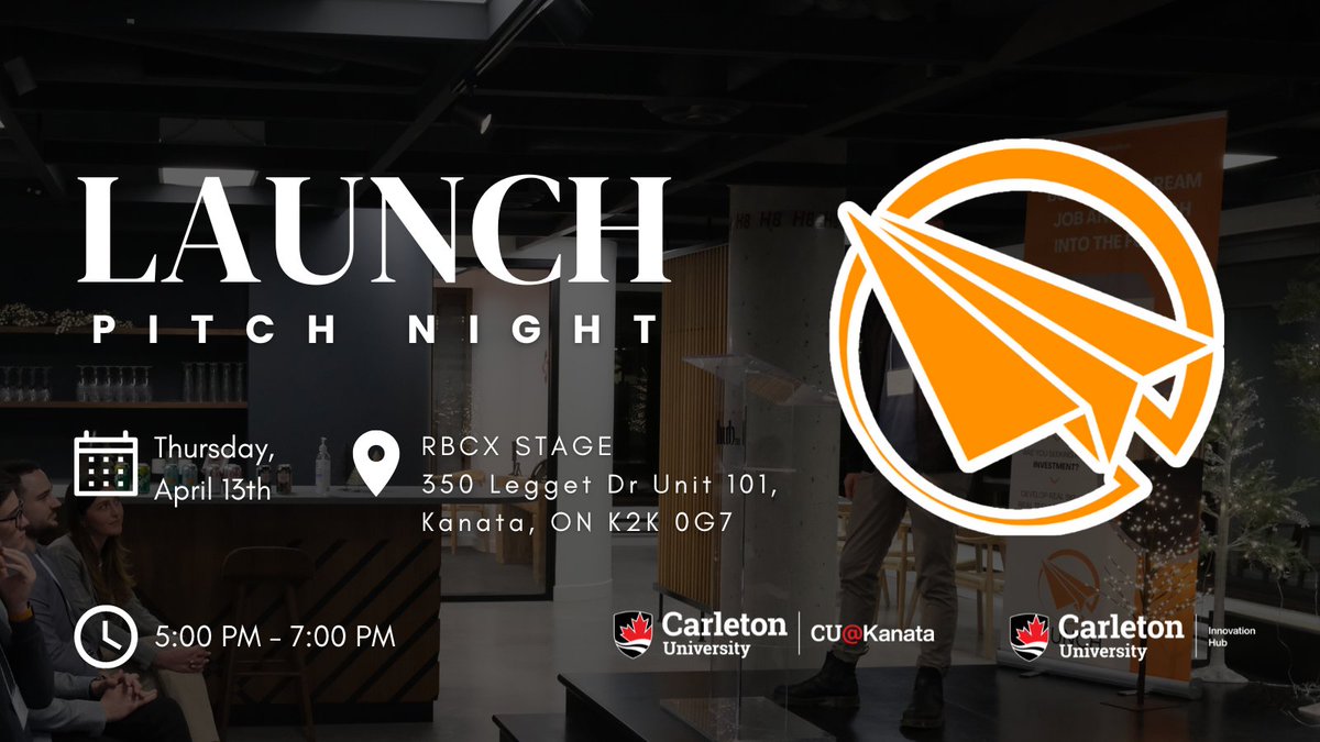 Innovation Hub at Carleton University (@innovate_cu) on Twitter photo On April 13th from 5:00pm - 7:00pm at the RBCx stage (350 Legget Drive), we will have our annual Launch Pitch Night! Watch our already seasoned entrepreneurs as they get on stage to present their innovative ideas and companies! RSVP here: eventbrite.ca/e/final-pitch-… On April 13th from 5:00pm - 7:00pm at the RBCx stage (350 Legget Drive), we will have our annual Launch Pitch Night! Watch our already seasoned entrepreneurs as they get on stage to present their innovative ideas and companies! RSVP here: eventbrite.ca/e/final-pitch-…