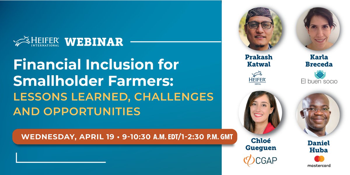 pls join us Jan 19!  <a href="/Heifer/">Heifer International</a>, <a href="/MastercardNews/">Mastercard News</a>, @cgap <a href="/WorldBank/">World Bank</a>  &amp;  El Buen Socio for a case study-led discussion of #financialinclusion dynamics in smallholder farming communities. Register: lnkd.in/ejEs2Hz3
