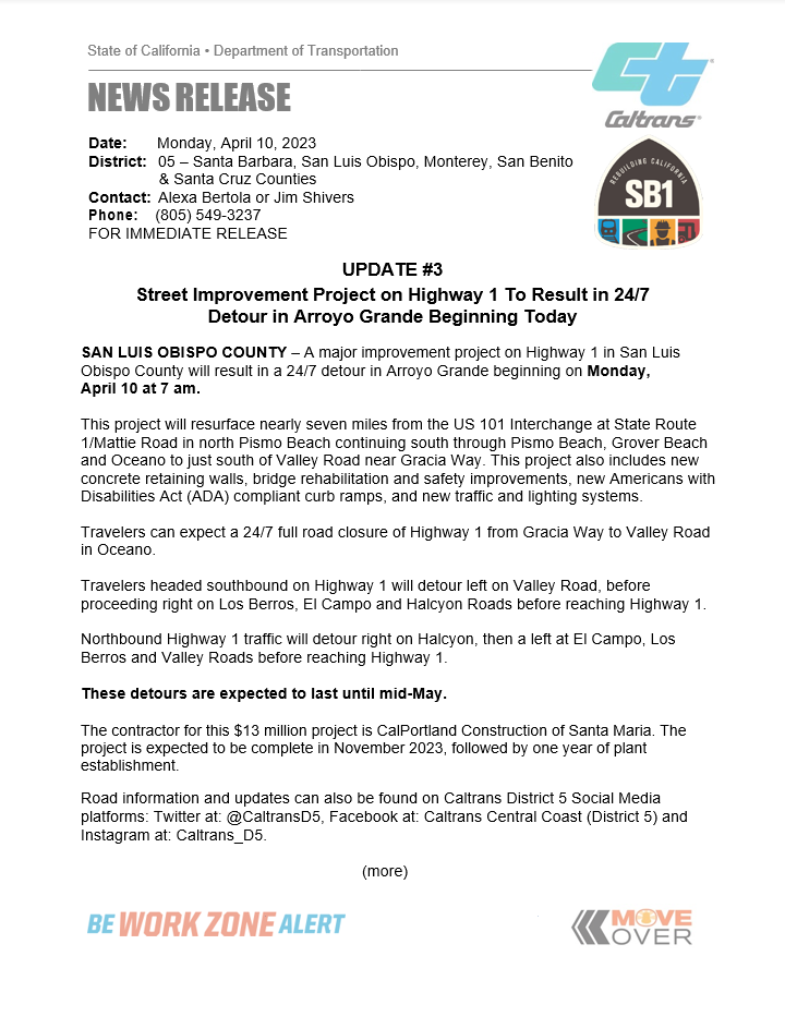 REMINDER: Street Improvement Project on #Hwy1 To Result in 24/7 Detour in #ArroyoGrande Beginning Today