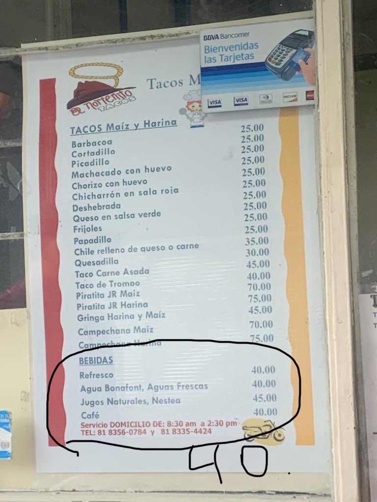 fnevarez1's tweet image. ⁦@multimediostv⁩ ⁦@elnorte⁩ ⁦@AnaRent⁩ 40 pesos el refresco en los tacos el Norteñito en Valle aguas