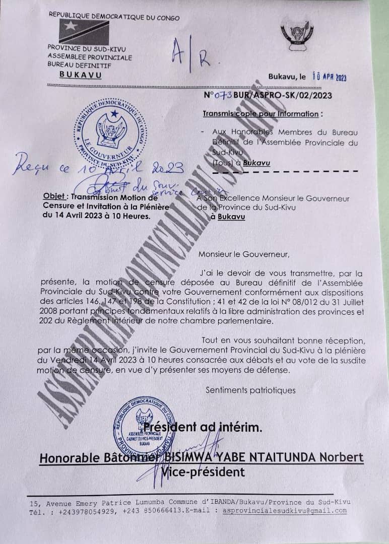 rispykilaba's tweet photo. "La voix du peuple, c'est la voix de Dieu; On ne défie pas Dieu!"

Motion de censure contre le Gouverneur du Sud-Kivu @TheoKASI, introduit ce lundi 10 mars 2023 par l'honorable bâtonnier Bisimwa Yabe Ntaitunda, V-P de l'Ass Prov.
@VitalKamerhe1
@BillyKambale1 @Bibishe6 https://t.co/SMwGLq3gqy