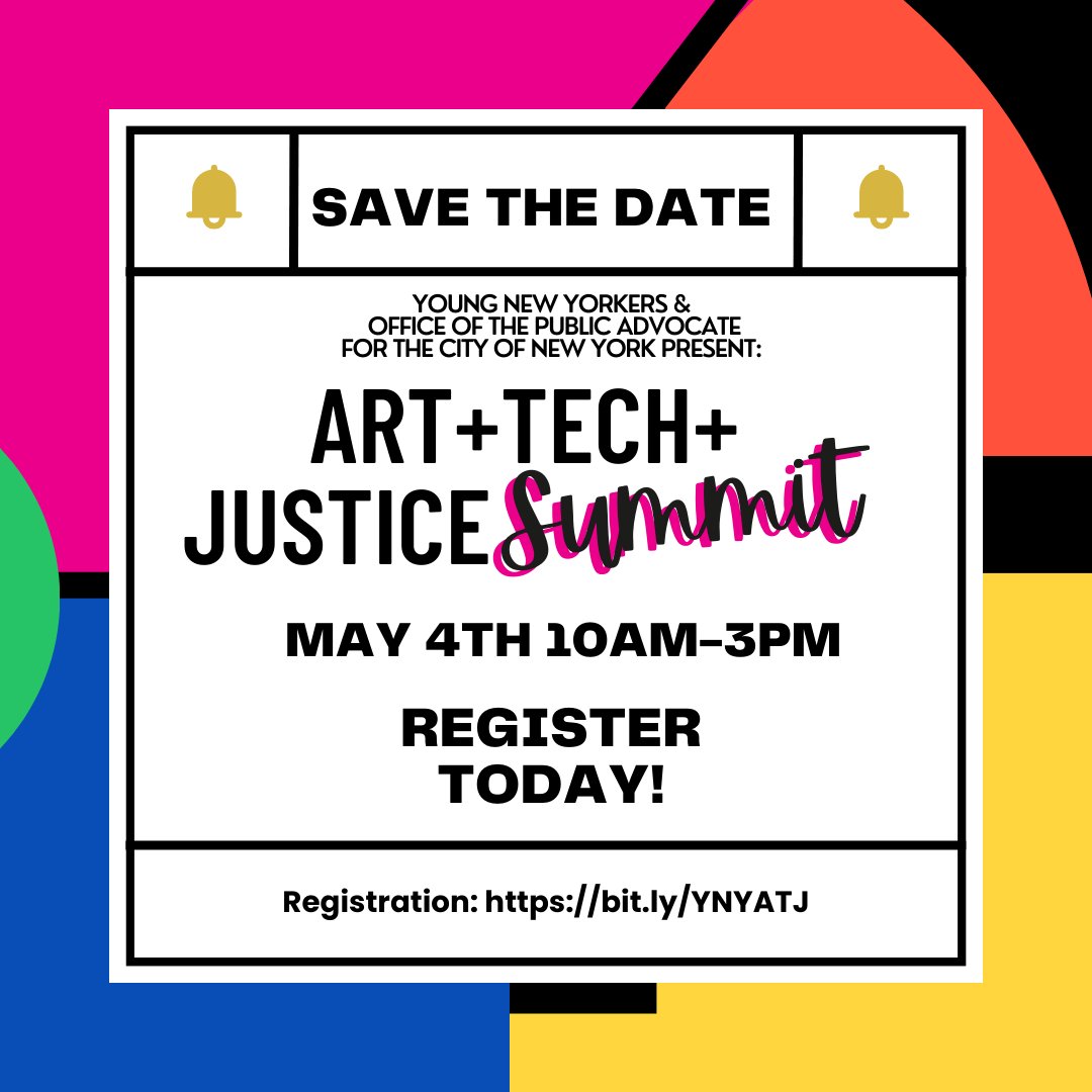 Young New Yorkers and the Office of the Public Advocate present the first annual Art + Tech + Justice Summit. This event welcomes young New Yorkers, ages 17+, who are involved in or negatively impacted by the criminal justice system. eventbrite.com/e/art-tech-jus…