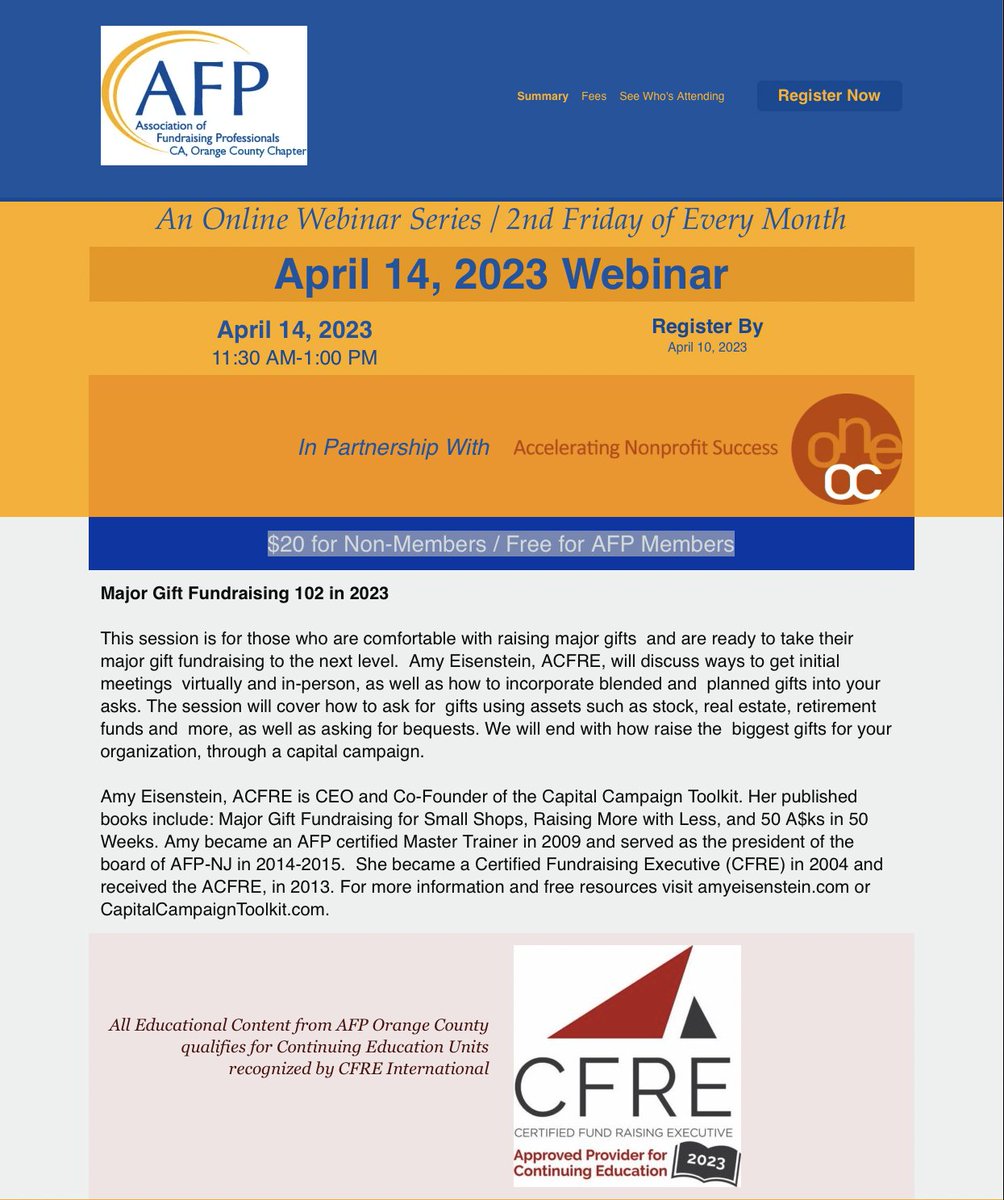 AFPOrangeCounty's tweet image. Last day to register for April 14th AFPOC Webinar: Major Gift Fundraising 102 in 2023

To Register: bit.ly/AFPOC_AprilWeb…

#fundraising #majorgifts #cfre