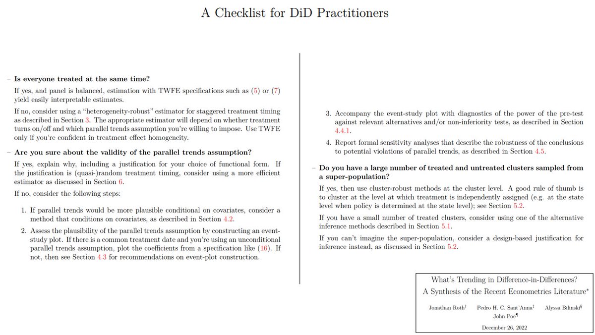 A Checklist for Difference-in-Differences Practitioners jonathandroth.com/assets/files/D… from <a href="/jondr44/">Jonathan Roth</a>, <a href="/pedrohcgs/">Pedro H. C. Sant'Anna</a>, <a href="/ambilinski/">Alyssa Bilinski</a>, &amp; <a href="/DavidPoe223/">John Poe</a>