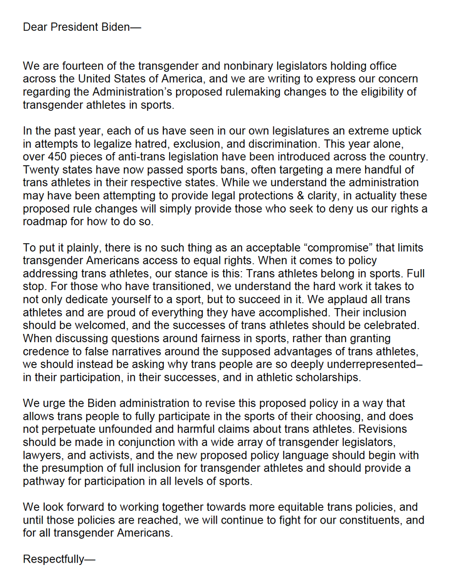 AriDrennen's tweet photo. BREAKING: 14 trans and nonbinary legislators release letter addressing Biden proposal on Title IX, writing "there is no such thing as an acceptable “compromise” that limits transgender Americans access to equal rights. ...Trans athletes belong in sports" https://t.co/x4VopjwLxD