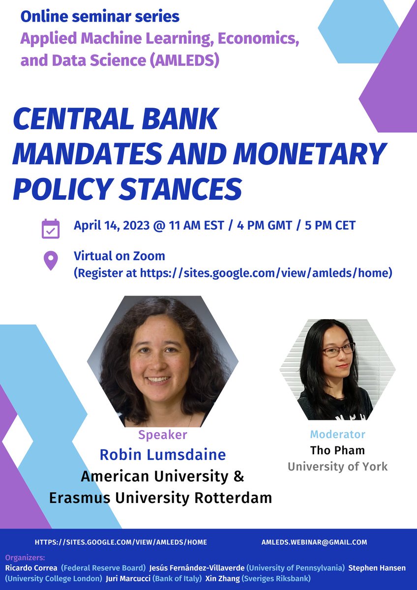 On Fri Apr 14 <a href="/11AM/">11 am in morning</a> EDT/5PM CEST another great <a href="/AMLEDS1/">AMLEDS</a> #Webinar with Robin Lumsdaine (<a href="/AmericanU/">American University</a>  &amp; <a href="/erasmusuni/">Erasmus University</a>) will talk about "#CentralBank Mandates and #MonetaryPolicy Stances" moderated by <a href="/AnhTho_Pham/">Tho Pham</a> (<a href="/EconomicsatYork/">Economics at York</a>)
#EconTwitter #AI #TextMining #Textualdata #Textasdata