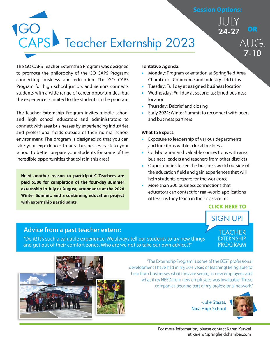 Are you a teacher looking for a great professional development experience? Become an extern and learn about careers you’re preparing your students for. <a href="/officialSPS/">Springfield Public Schools</a> <a href="/nixaschools/">Nixa Public Schools</a> <a href="/OzarkTigers/">Ozark Schools</a> <a href="/RepublicSchools/">Republic Schools</a> <a href="/LRSDWildcats/">Logan-Rogersville SD</a> <a href="/Marshfield_R1/">Marshfield R-1</a> and all area schools!