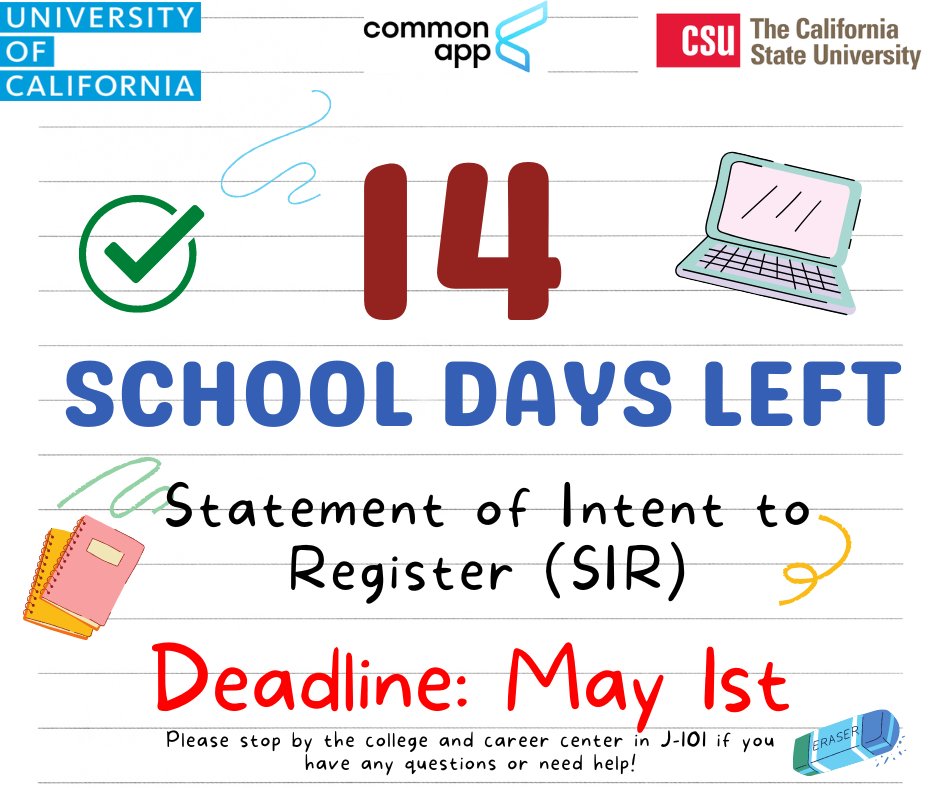 pv_eaop's tweet photo. Hello Seniors! Your statement of intent to register (SIR) is due on May 1st! 🐻💚 https://t.co/Uw2JKiJpZZ