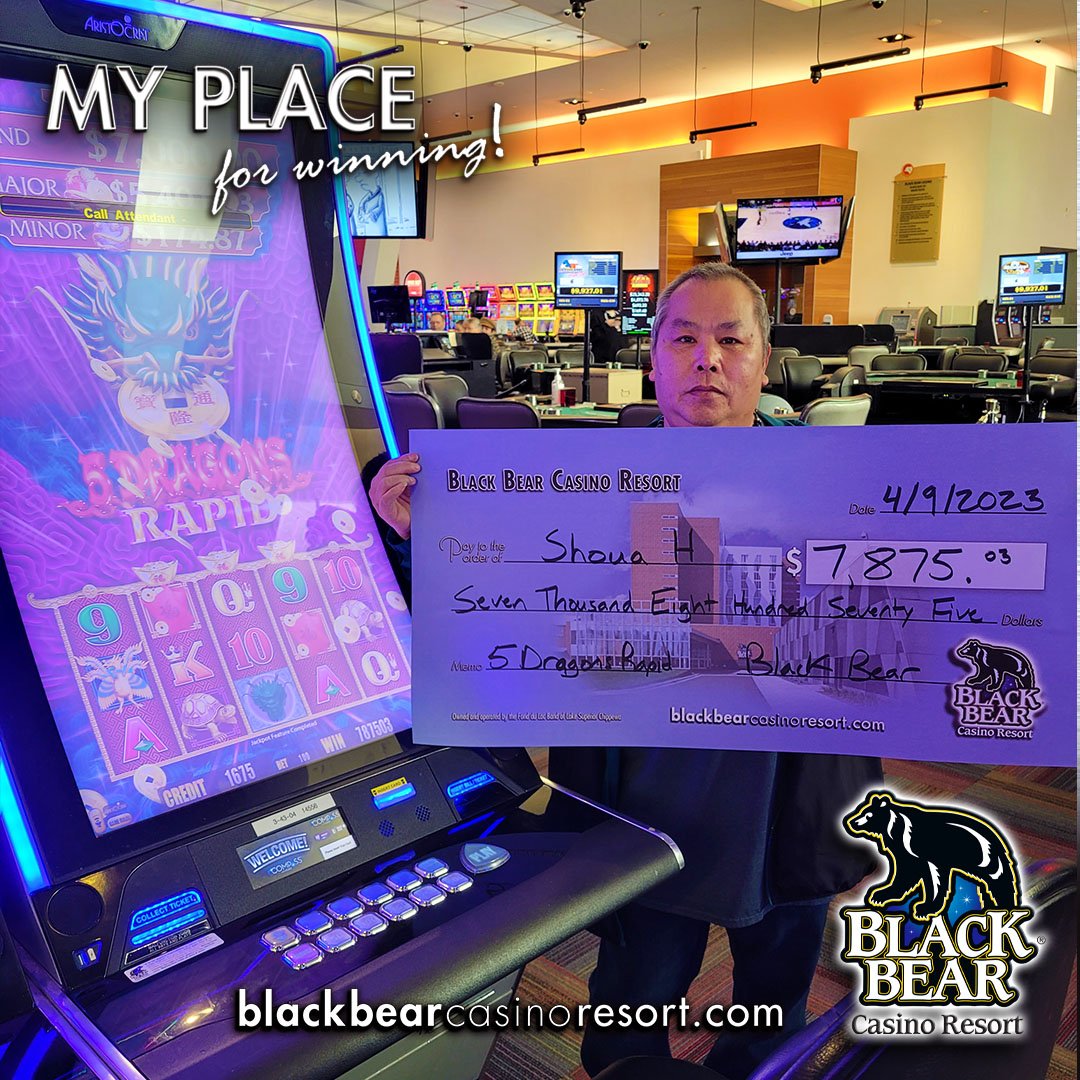 Congratulations Shoua H. on your BIG WIN of $7,875.03 on 5 Dragons Rapid! JACKPOT! 📷📷 #MyPlaceForEntertainment #BlackBearCasinoResort #BBCR #win #MyPlaceToPlay #Jackpot #5dragonsrapid