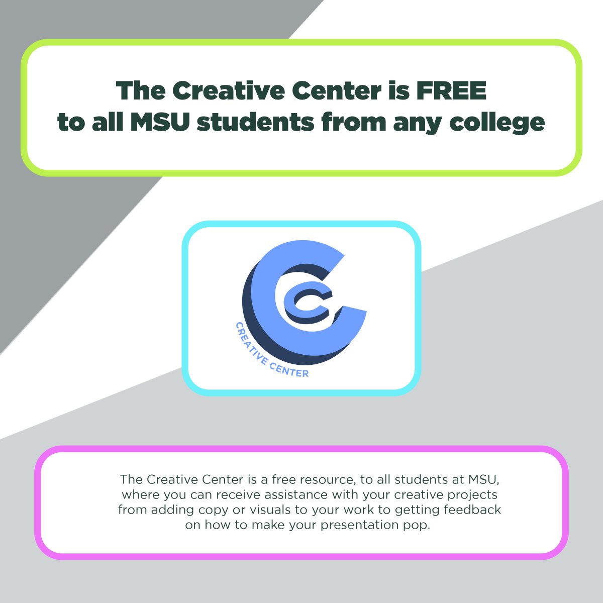 Want to learn how to enhance your creative abilities? Check out MSU's creative center where students provide free services to help their peers with portfolios and projects. Click the link below to learn more. creativecenter.adv.msu.edu/about.html