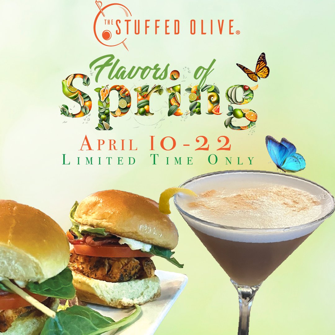 Come for our Flavors of Spring🌼🍸, featuring five new drinks and our Spicy Salmon Sliders🐟👀. April 10-22! #cedarfallsmainstreet #cedarfallsdowntown #dinelocal #drinklocal #stuffedolivecf