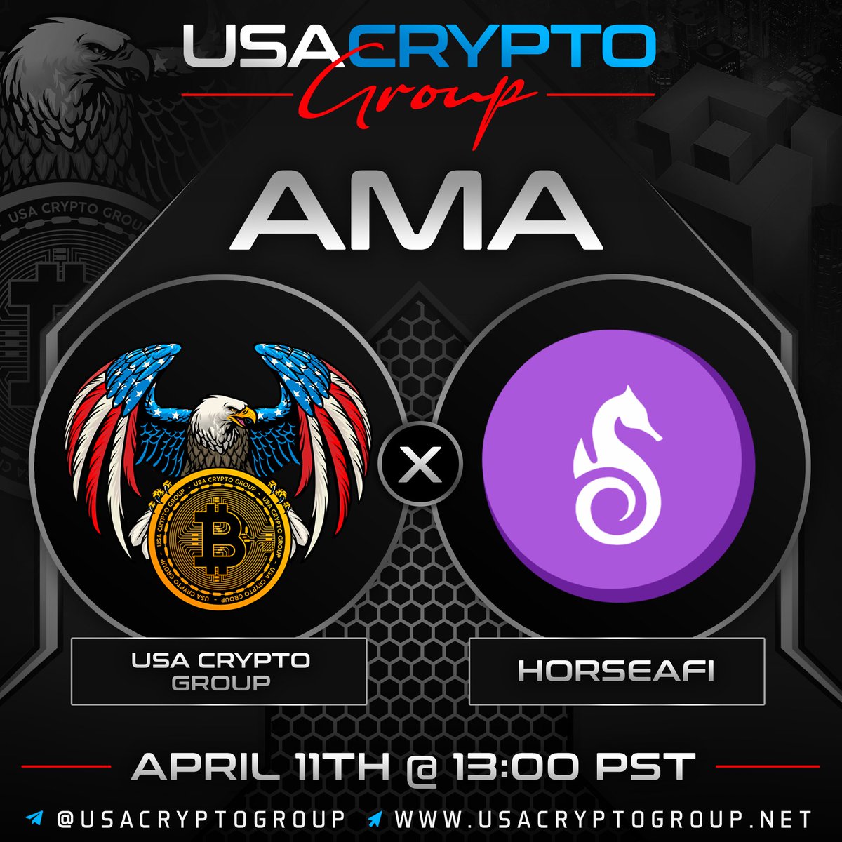 Venue: HorseaFI AMA
Prize: $80 total
Location: t.me/UsaCryptoGroup

Twitter Cash Price: $25
Rules:
-Follow 
@UsaCryptoGroup
 
<a href="/HorseaFi/">#HorseaFi</a>

-Like, Comment (can also do AMA questions)  and RT this post
-Prize will be announced after the AMA