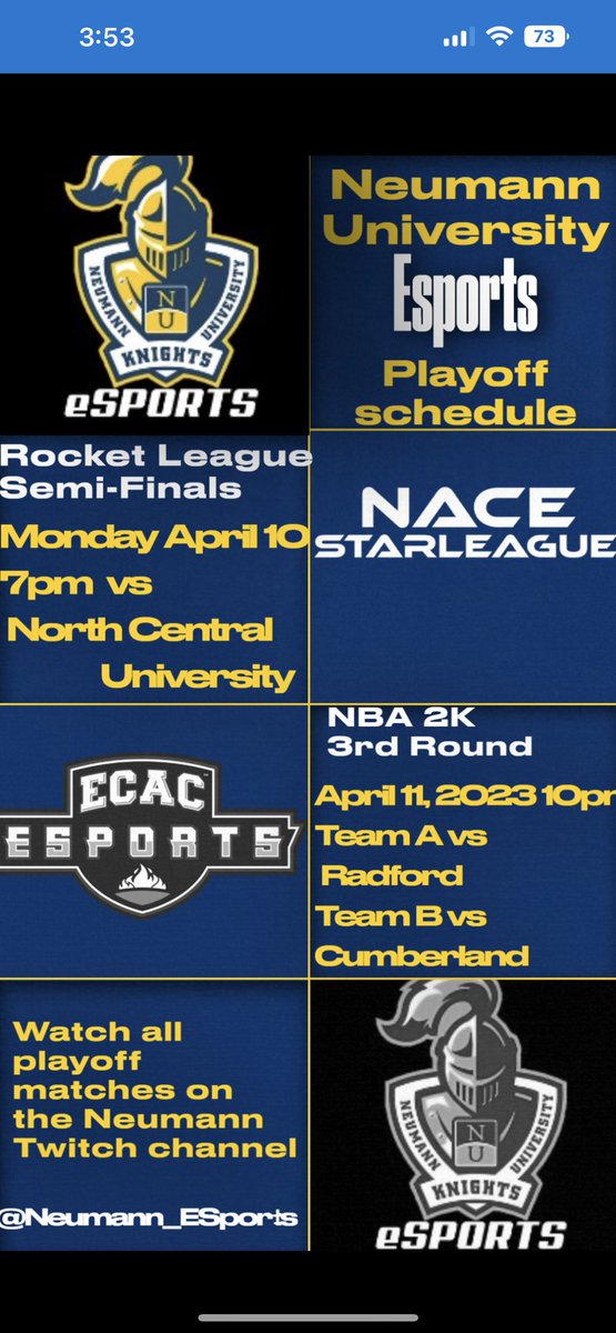 NeumannRec's tweet image. Big week for @neumannesports as they face North Central U in the NACE Rocket League Semi-Final tonight at 7pm and Radford &amp;amp; Cumberland University’s tomorrow at 8pm in the ECAC NBA2K Quarter-Finals. Matches will be streamed on the Neumann Esports twitch channel: Neumann_Esports