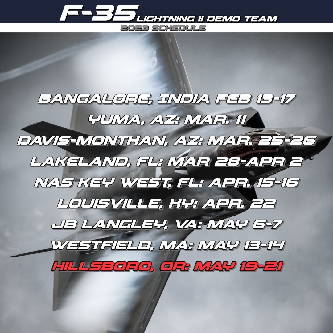 F35demoteam's tweet photo. ⚡️We’re headed back to the PNW!⚡️

It’s official! We’re excited to announce we’ll be back in the #PNW for the @oregonairshow! 

As always our schedule is subject to change, so just because you don’t see your home show now, doesn’t mean it can’t be added in the future. https://t.co/ZFj1W0wMbC