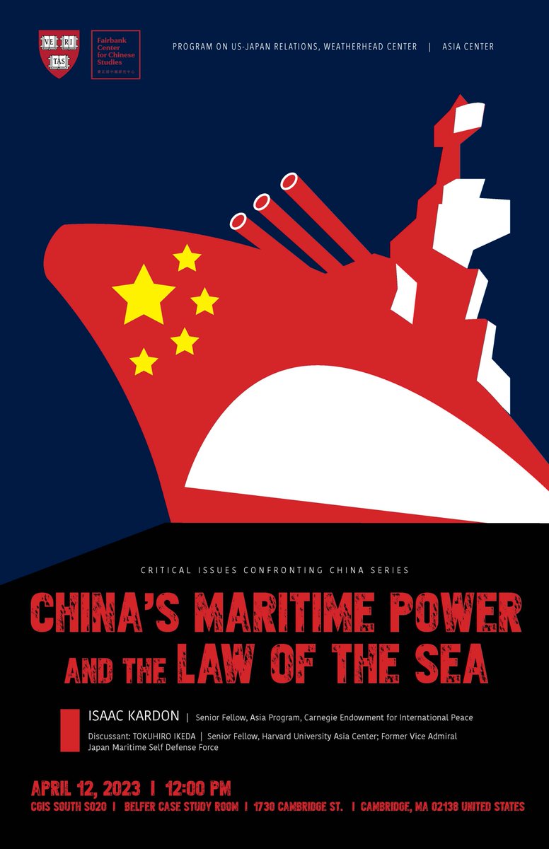 Thanks to @FairbankCenter @BelferCenter for the chance to speak on China and the law of the sea this Wednesday @ 12pm -- and for another sensational poster! ☺️