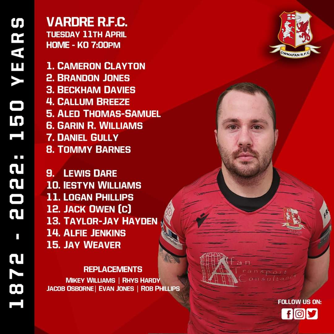 CwmafanRugby's tweet photo. *** SQUAD ANNOUNCEMENT ***

A quick turn around for The Reds this week, hot on the heels of their win over Baglan our 1st XV welcome @vardrerugby to The Welfare Ground for a mid week fixture.

KO - 7pm

#BrotherToMyLeft #BrotherToMyRight
#ManyTeams #OneClub
#150Years #150More https://t.co/isxVip1ShF