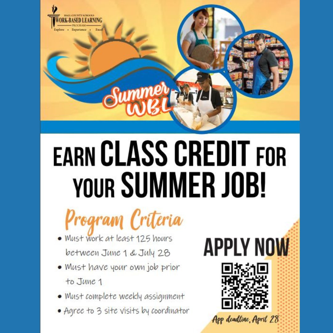 Working this Summer? Want to get credit for working? Apply to Summer Work-Based Learning today. See Mrs. Carter on the Green Hall with any questions. @Hall_Schools #wblworks #summerwbl