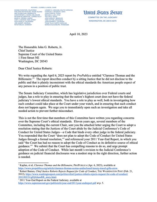 Victorshi2020's tweet photo. Full letter below. This is what we need more of from Democrats. Start playing offense. Don't hold back. Accountability matters — especially when it comes to our Supreme Court. Proud of my Senator, Dick Durbin, for leading this effort. https://t.co/kyCQK200Kh