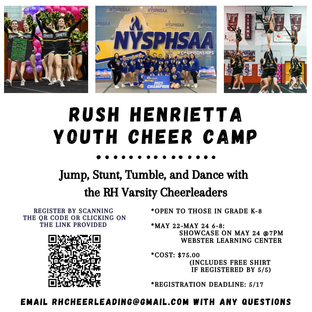 We’re hosting a youth camp! We’re inviting all kids in grades K-8 to come stunt, jump, tumble, and dance with RHVC! Check out the information provided and message us with any questions! The link is below:
forms.gle/FHzXM8JPbYStFH…