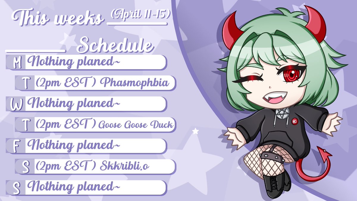 YanstarPrior250's tweet photo. Here's this week's stream schedule 😈💚
Gonna be streaming on https://t.co/sDyBNkvg6y

#Digitalart #ArtistOnTwitter #Yanstar_Art #Vtuber #Vtuber #VTuberEN #vtuberになった理由 https://t.co/sHJyrIBmgJ
