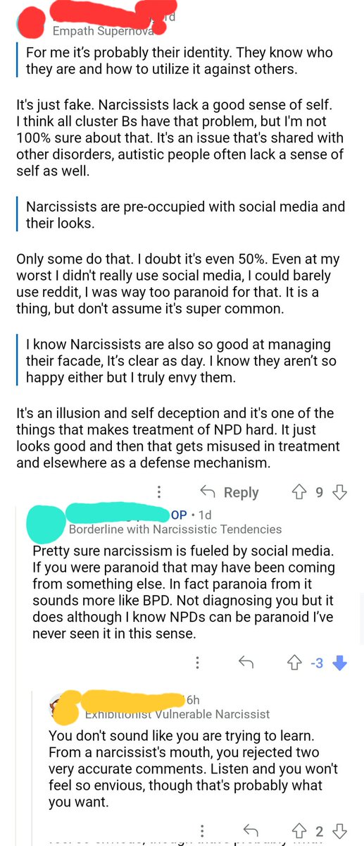 SweetPeaNarc's tweet photo. "I forgot this place is filled with clueless people who self diagnose" there were several people diagnosed with NPD who tried correcring you and you brushed them off 😭😭

// there were some slight alterations of the text in image descriptions in order to fit the whole convo https://t.co/rep5JnijUy