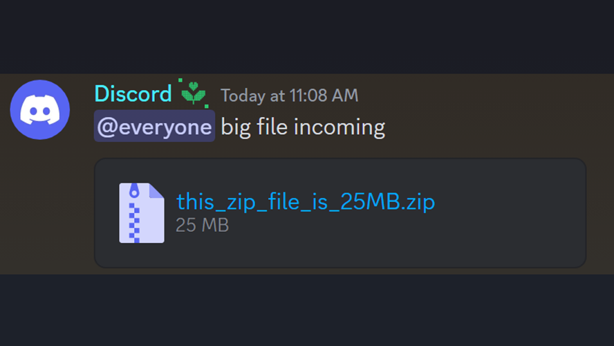 (Discord messaging that a big file incoming. The .zip file attached is 25 MB. )