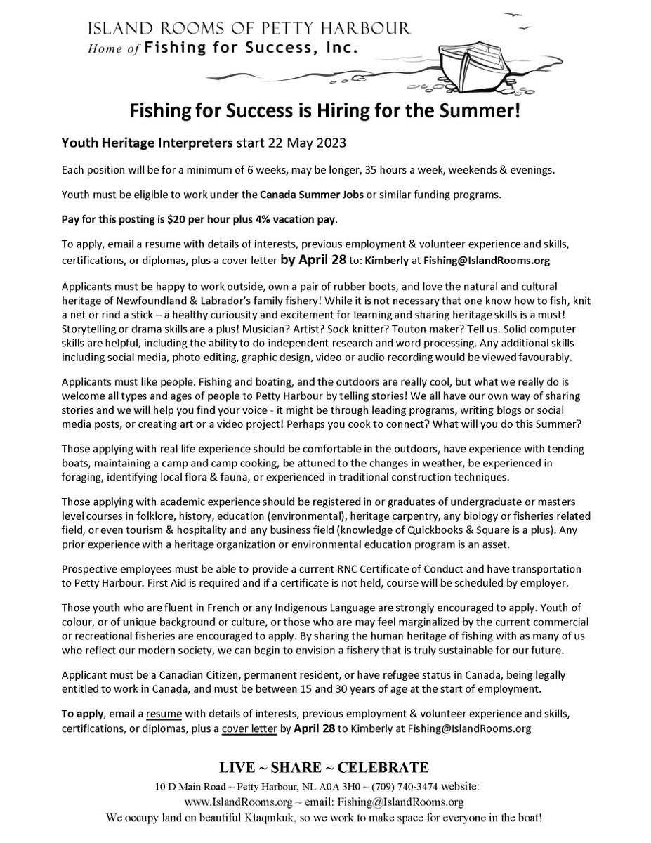 IslandRooms's tweet image. 🐟We&apos;re hiring!💙Come out to #PettyHarbour! Join our dynamic &amp;amp; friendly crew! Go fishing, cook it up, go to an academic talk, share fishing heritage w visitors, deliver fish to a food bank, go pick berries, paint a dory, weave rope. What&apos;re ye at this Summer? #CanadaSummerJobs🚣‍♀️