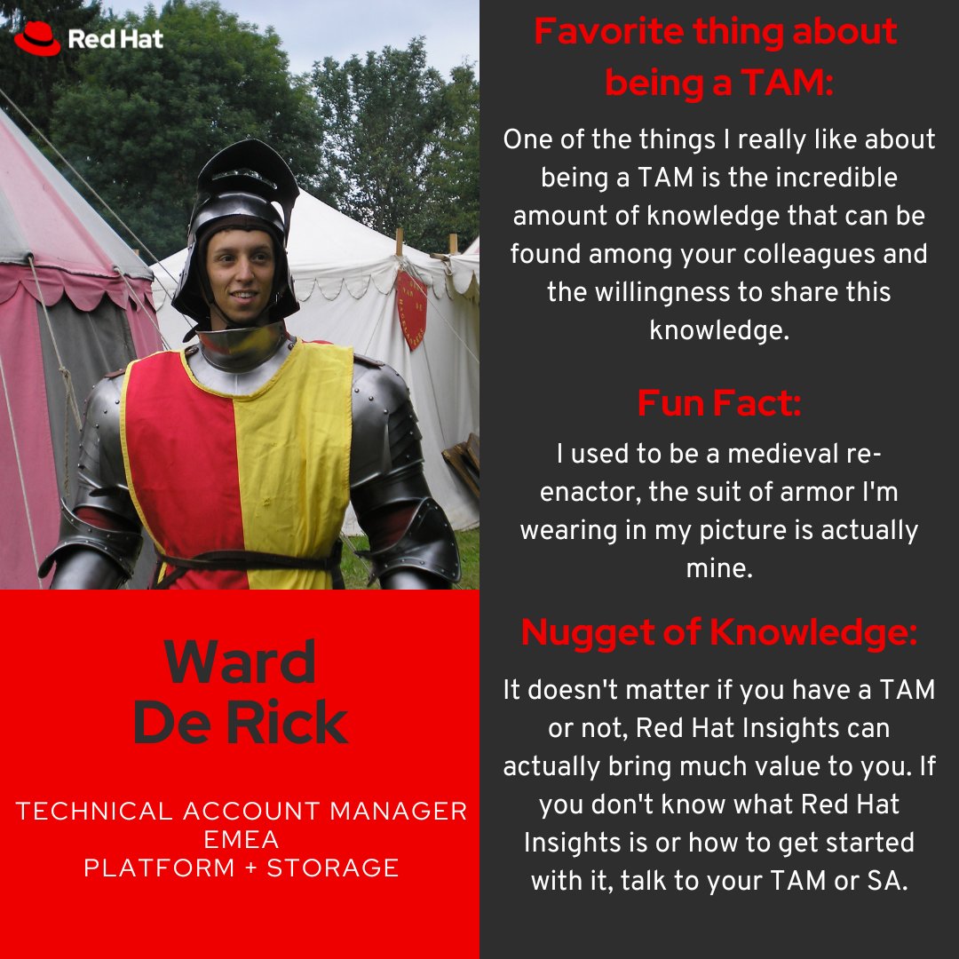 redhatservices's tweet photo. Meet Ward! With expertise in platform, storage, let us show you how Technical Account Managers like Ward can be a knight in shining armor in (and outside of) your account 🫅 https://t.co/vOg0DoRqtm https://t.co/dDy2juRAo6