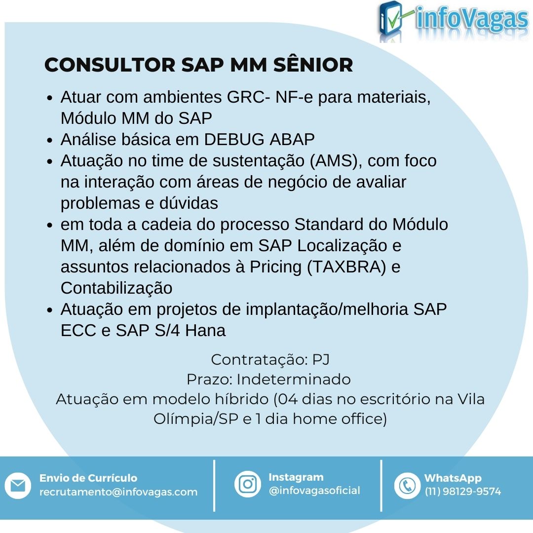 #infovagas #infovagasoficial #sap #consultorsap #sapecc #saphana #s4hana #sapmm #consultorsapmm #sapmm #fiori #sapfiori #sap #consultorsap #sapecc #saphana #s4hana #sapmm #sapmmjobs #sapmmconsultant #consultorsapmm #sapams