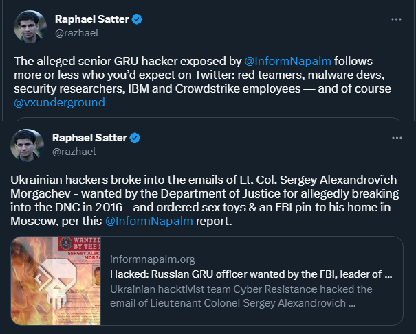 vxunderground's tweet photo. .@Reuters journalist's reports Ukrainian hackers have breached Sergey Morgachev, an individual wanted by the FBI and officer in the GRU. Ukrainian hackers discovered personal details about Morgachev, including his Twitter account.

Morgachev follows us on Twitter.

Hi, Fancy Bear https://t.co/upTizkC5rp