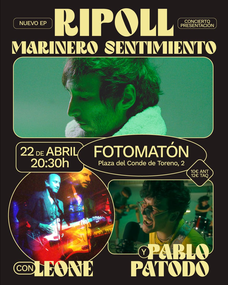El sábado, 22 de abril, presentamos en directo nuestro EP 'Marinero sentimiento' en <a href="/FotomatonBar/">Fotomatón</a> 

Las 20 primeras entradas se llevan 1 edición en cassette del EP

TRIPLE CARTEL POR 10€ // Subroga el Estado del bienestar 👇
mutick.com/e/ripoll-leone…

<a href="/lunardiscos/">Lunar Discos</a> <a href="/feverprod/">Fever! Productions</a>