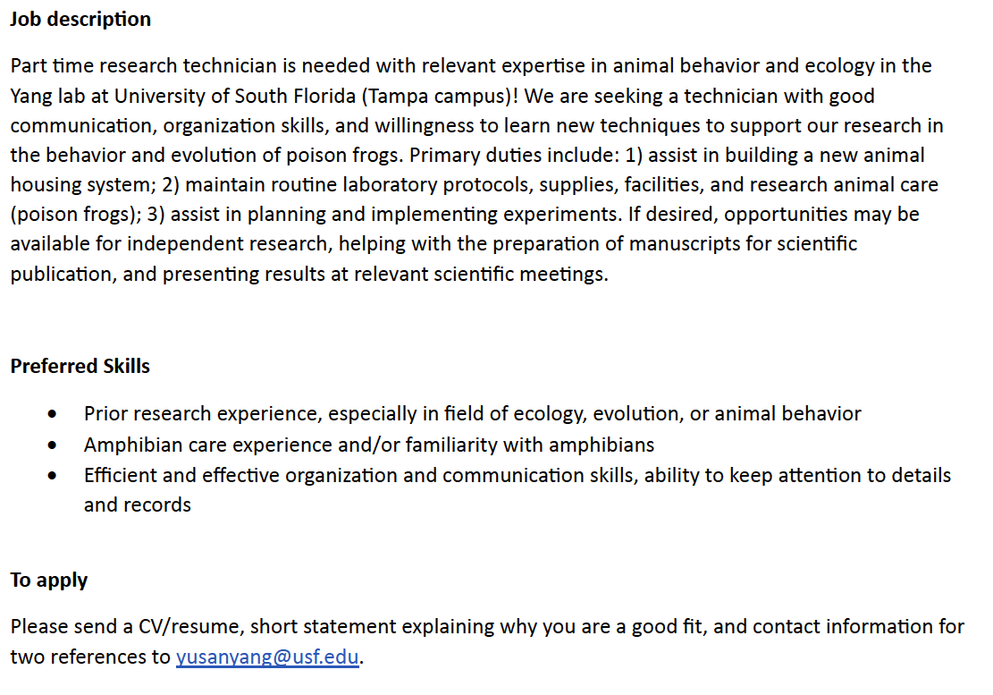 I'm currently looking for a part-time research technician at USF in Tampa! Shoot me an email to chat more if you're interested! And please share!
(full-time hire may be on the table for a good fit!)