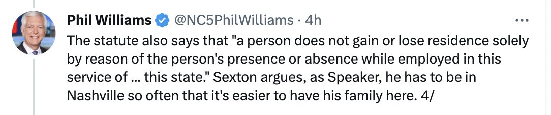 Judd Legum (@juddlegum) on Twitter photo UPDATE: Tennessee Speaker <a href="/CSexton25/">Speaker Cameron Sexton</a> tells <a href="/NC5PhilWilliams/">@NC5PhilWilliams is now @PhilNvestigates</a> that he lives with his family in Nashville, not Crossville, a community two hours away that he represents
Under TN law, that creates a presumption that he resides in Nashville, and can't legally represent his district UPDATE: Tennessee Speaker <a href="/CSexton25/">Speaker Cameron Sexton</a> tells <a href="/NC5PhilWilliams/">@NC5PhilWilliams is now @PhilNvestigates</a> that he lives with his family in Nashville, not Crossville, a community two hours away that he represents
Under TN law, that creates a presumption that he resides in Nashville, and can't legally represent his district