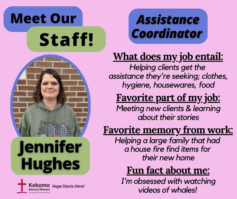 Jennifer Hughes, our Assistance Coordinator, is devoted to the services KRM provides for our community. For 5 yrs, Jen has witnessed the compassion our neighbors have for each other, enjoys learning stories of the clients she works with &amp; assisting them in fulfilling their needs.