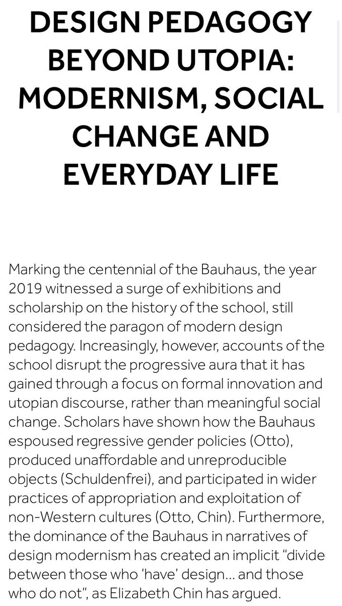 Thu 13 April #ForArtHistory2023 #AnnualConference session ‘Design Pedagogy Beyond Utopia: Modernism, Social Change and Everyday Life’. Convened by Alexandra Chiriac <a href="/arthistorynomad/">Dr Alexandra Chiriac</a> and Hyewon Yoon. 

forarthistory.org.uk/design-pedagog…

#AAHAnnualConference #VisualCulture #ArtHistory