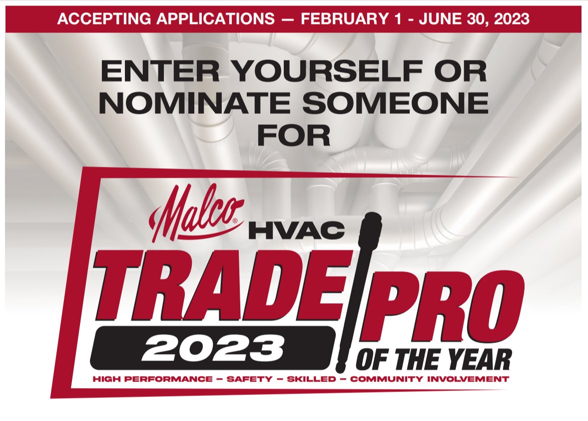 Nominate yourself! Nominate your buddy! 

5 HVAC pros will be selected as Malco’s HVAC Trade Pro 2023 and will receive $1,000 in genuine Malco tools!

Nominate someone today: 

bit.ly/3m3uepD 

#TradePro2023 #Malco #DamnGoodTools #WeLovetheTrades #HVAC #Construction