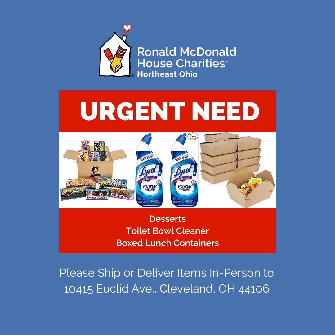 RMHC Northeast Ohio (@rmhcneo) on Twitter photo URGENT NEED! We're in need of the following items at our Cleveland Ronald McDonald House:
- Desserts
- Toilet Bowl Cleaner
- Boxed Lunch Containers
View our Amazon Wish List here: amazon.com/hz/wishlist/ls…
Please share! URGENT NEED! We're in need of the following items at our Cleveland Ronald McDonald House:
- Desserts
- Toilet Bowl Cleaner
- Boxed Lunch Containers
View our Amazon Wish List here: amazon.com/hz/wishlist/ls…
Please share!