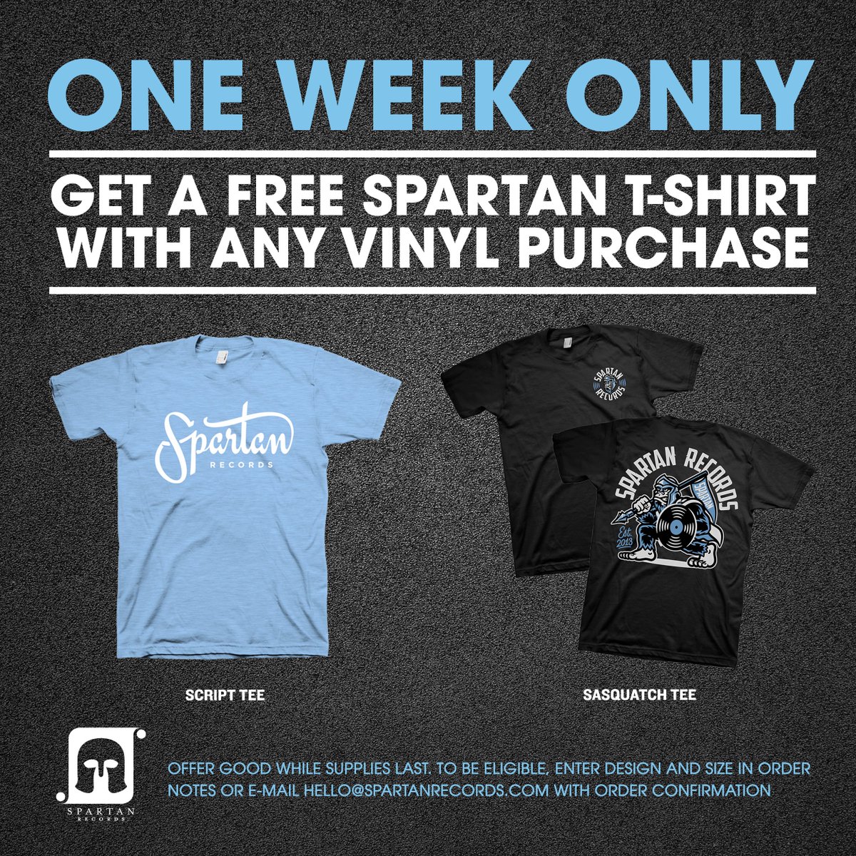 This week, get a free Spartan t-shirt with the purchase of any vinyl! Just choose between our "Script" or "Sasquatch" tees and include your size in the order notes. We'll take care of the rest. Offer ends Sunday, April 16th at midnight PST. ⚔️ spartanrecords.com