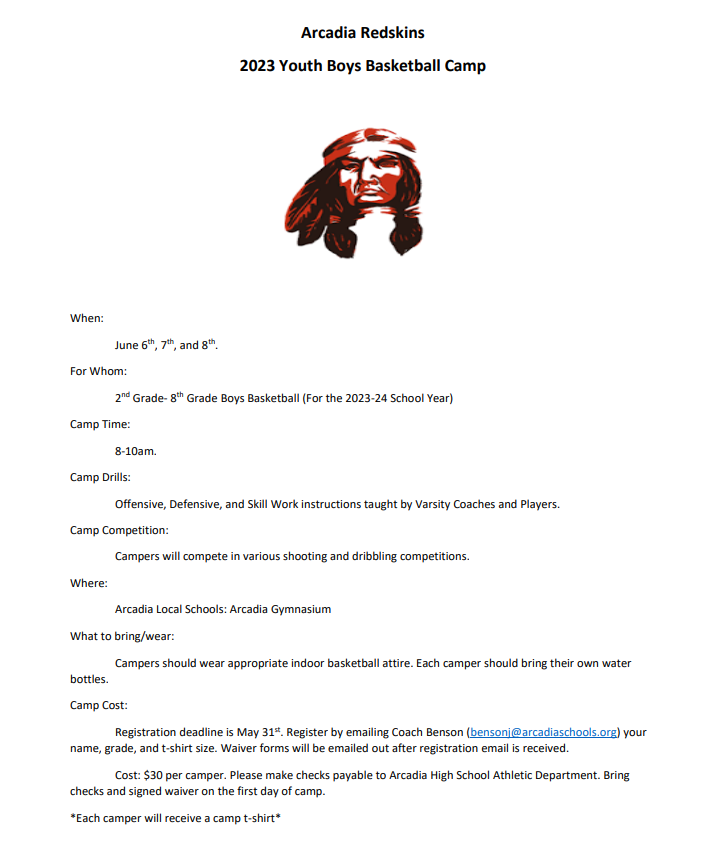 Skins_Hoops's tweet photo. PLEASE SHARE!! 

The 2023 Arcadia Youth Youth Boys Basketball Camp officially has dates!  The High School coaching staff and players are looking forward to seeing our future Redskin basketball players in attendance! 

-Thank you, Coach Benson! https://t.co/LnVsnNkIHg