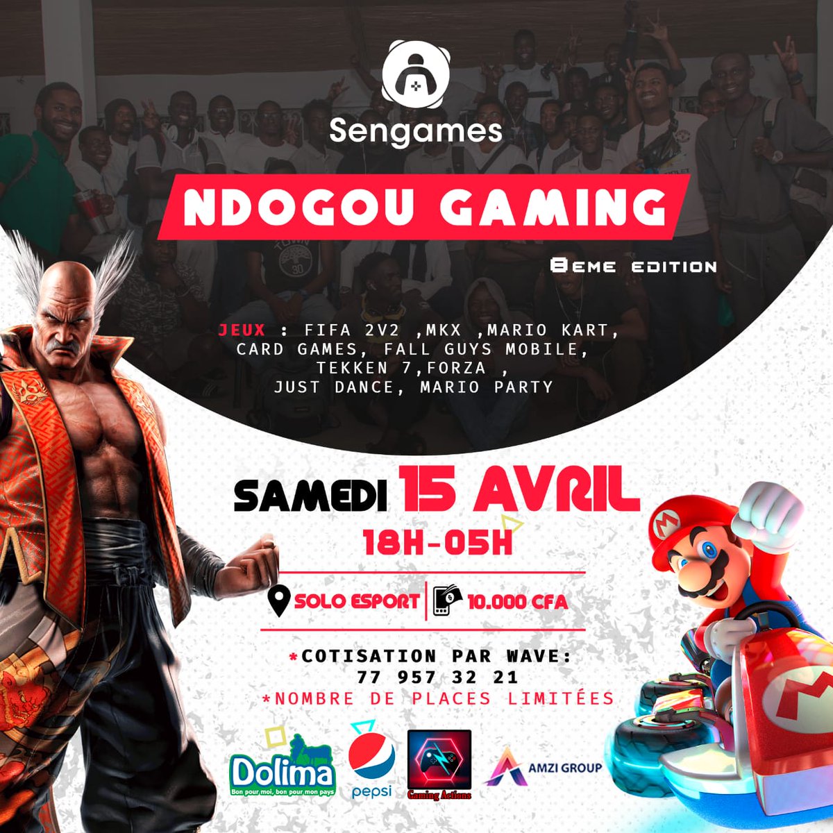 Que serait une année sans le Ndogou Gaming! L'événement préféré des Gamers est de retour.

Du foot, de la baston, du fps, en allant aux jeux de sociétés, tout le monde sera servi!

Une soirée inoubliable à <a href="/soloesportclub/">SOLO Esport 🎮</a> t'attends le Samedi 15 Avril. 

Nombre de places limités.