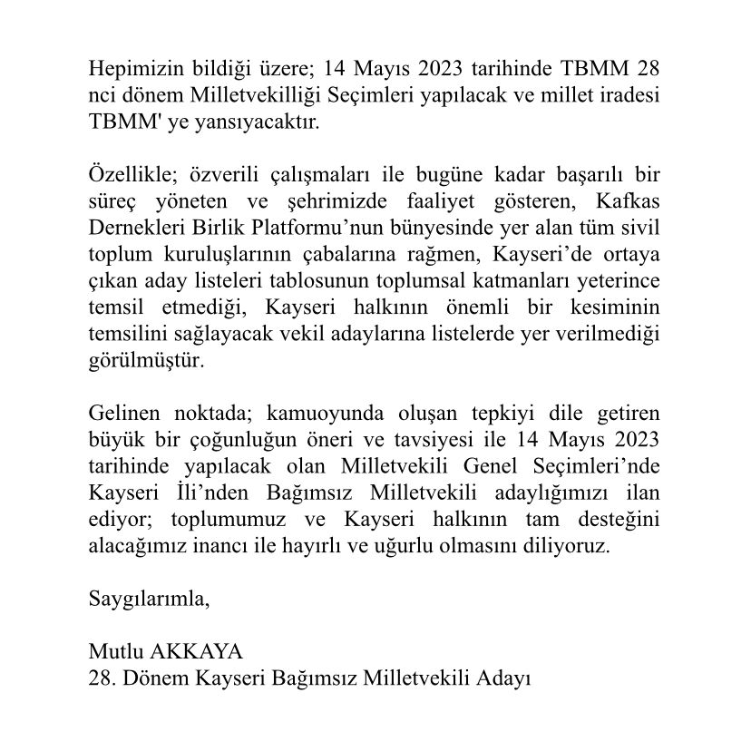 Mutlu AKKAYA 
28. Dönem Kayseri Bağımsız Milletvekli Adayı