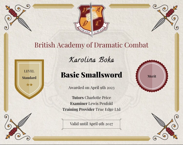 karolinaboka's tweet photo. MERIT in BADC Standard certificate: Unarmed + Smallsword ⚔️✨ @trueedge_fights #actor #badc #actorcombatant #stagecombat #stagefight #swordfight https://t.co/MTwLRwGHGv
