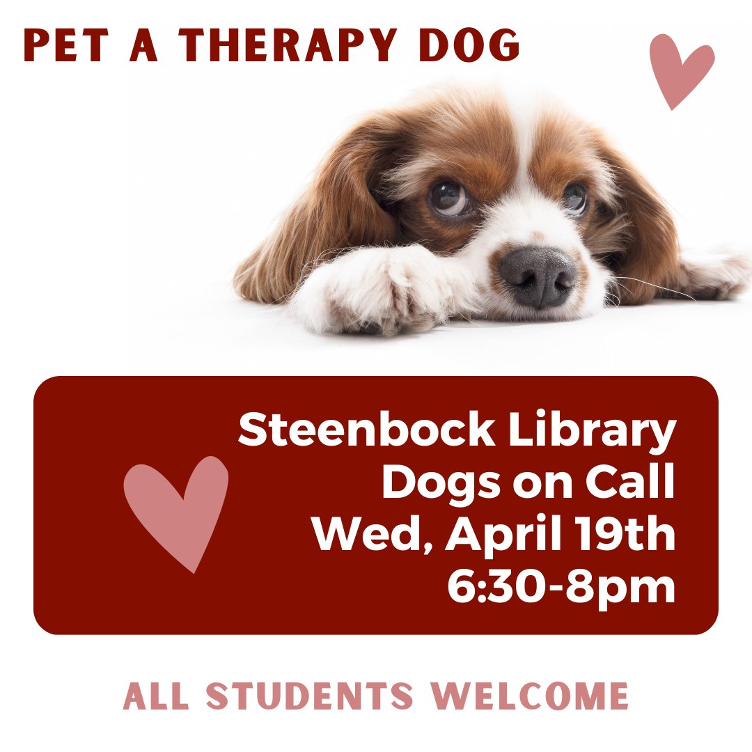 AskSteenbock's tweet photo. Midterm puppy break! Come pet a therapy dog at Steenbock 4/19 from 6:30-8pm. All students welcome!  https://t.co/D2UeJib91p https://t.co/Yooqubqhne